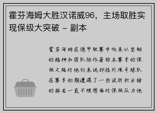 霍芬海姆大胜汉诺威96，主场取胜实现保级大突破 - 副本