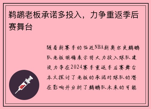 鹈鹕老板承诺多投入，力争重返季后赛舞台