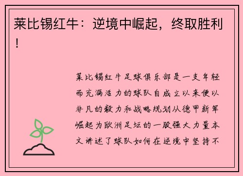 莱比锡红牛：逆境中崛起，终取胜利！