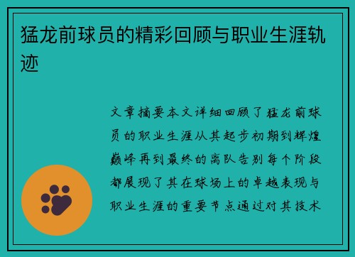 猛龙前球员的精彩回顾与职业生涯轨迹