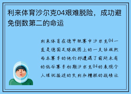 利来体育沙尔克04艰难脱险，成功避免倒数第二的命运